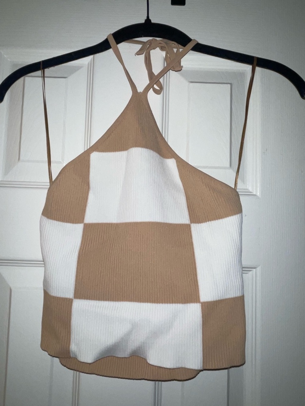 debut Beige and Cream Ribbed Halter Crop Top
